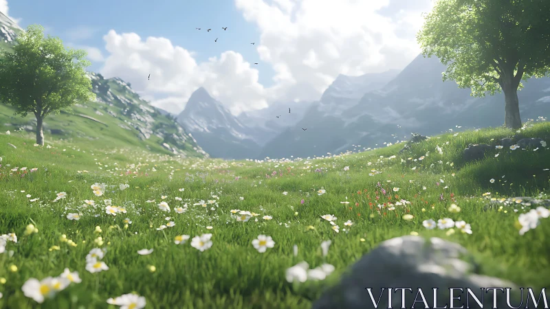 Sunlit alpine meadow opens toward distant misty peaks.