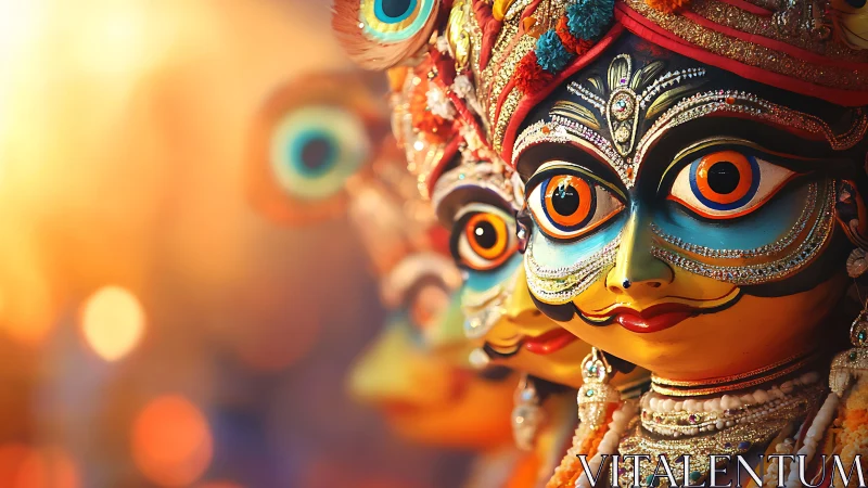 Vibrant Jagannath festival masks glow against defocused bokeh