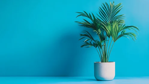 Modern palm houseplant in minimalist cyan interior scene.