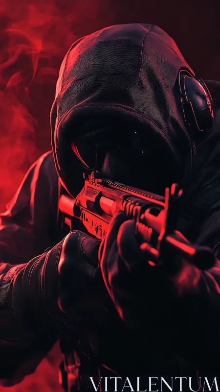 Hooded tactical shooter aims rifle in vivid red haze.