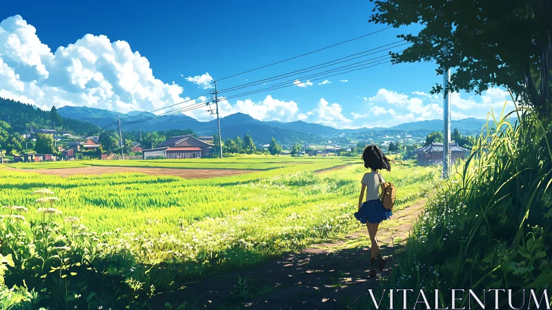 Summer rural path with schoolgirl overlooking rice fields