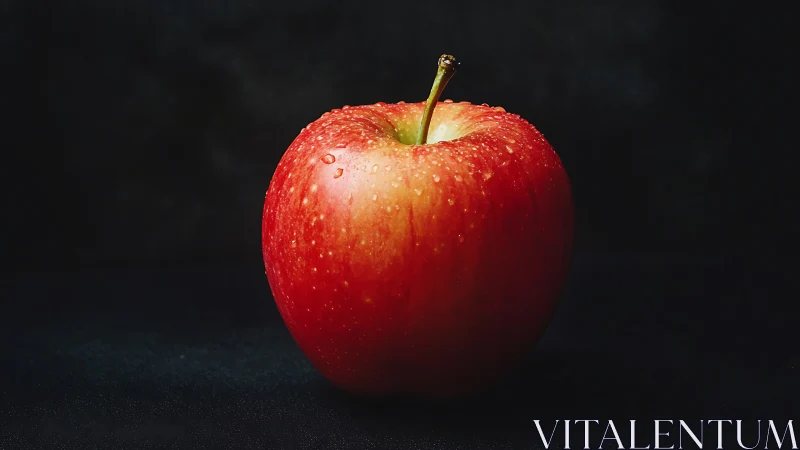 Red apple rests on dark background under dramatic light