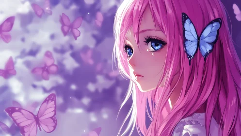 Pink haired anime girl with butterflies in violet scene.