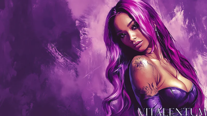 Purple-toned digital portrait of tattooed woman in leather corset.