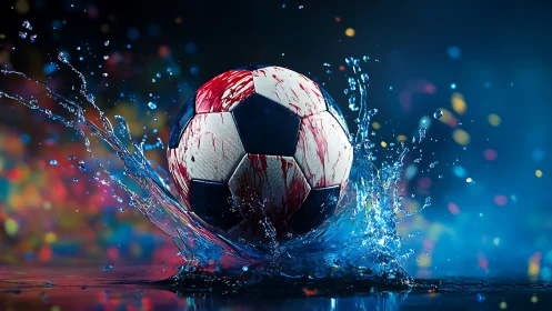 Colorful soccer ball splashes into water in a vibrant arena