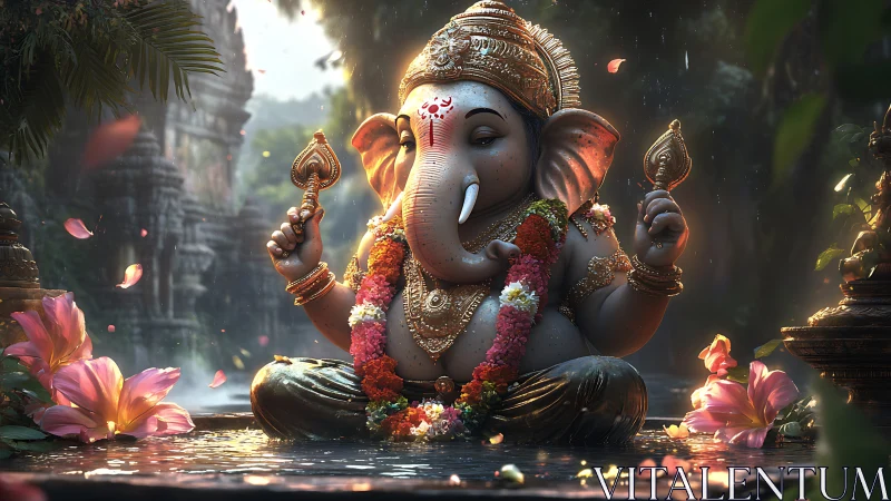 Serene Ganesha idol in lush temple pool with falling petals.