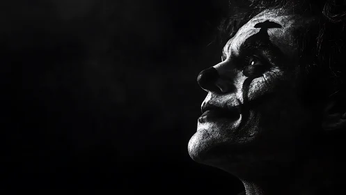 Side profile of person in clown makeup lit by hard key light
