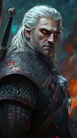 White haired armored swordsman in fiery fantasy setting.