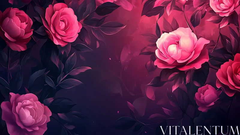 Digital Rendering of Luminous Pink Peonies Against Deep Burgundy Gradient