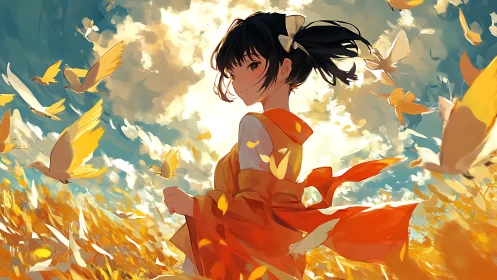 Girl in orange kimono amid golden birds and sky.