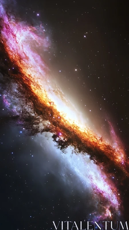 Diagonal spiral galaxy band shows colorful nebulae glow