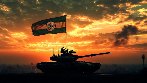 Indian battle tank silhouette under blazing sunset sky.