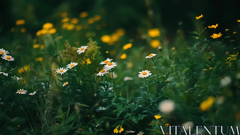 Wild daisies in moody bokeh meadow, deep green palette.