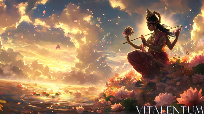 Divine woman with flute over lotus shore at sunset.