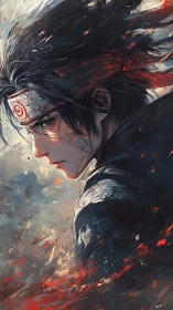 Brooding anime warrior wrapped in swirling firelight.