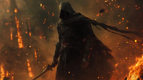 Hooded sword figure in burning landscape with embers rising.