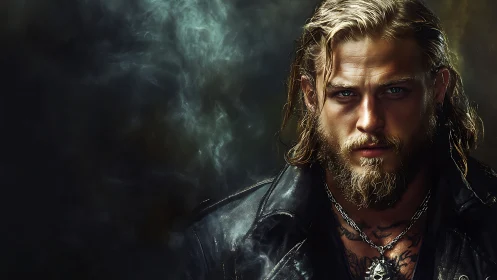 Brooding bearded warrior in leather amid swirling smoke.
