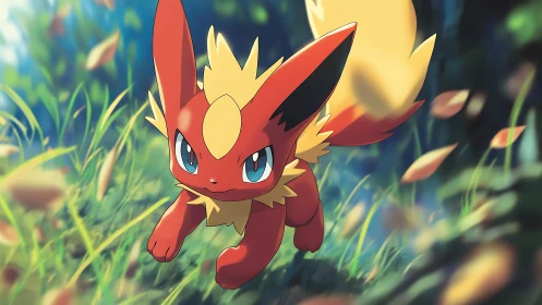 Red foxlike creature running through soft focus meadow.