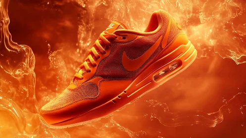 Athletic footwear displayed against stylized orange liquid environment.