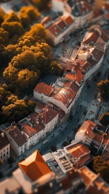 Sunlit old town street with red roofs and tree canopy.