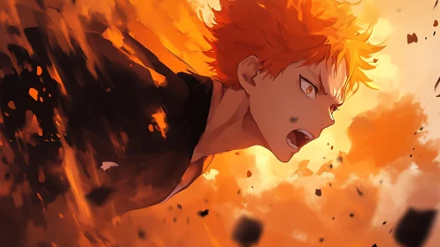 Orange haired anime figure in dynamic fiery motion scene.