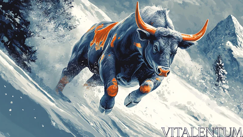 Bull running down snowy mountain slope in stylized view.
