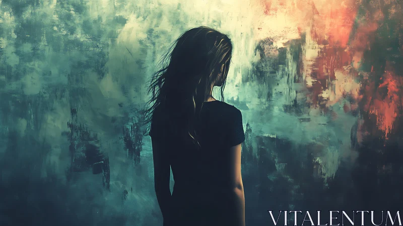 Backlit solitary figure against turbulent abstract chromatic field.