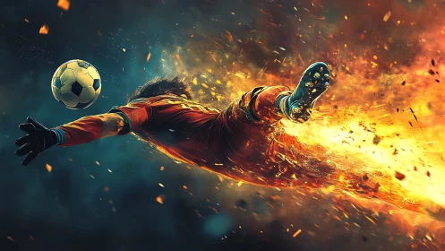 Blazing striker rockets through sparks to meet the soaring ball