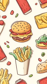 Playful fast food pattern shows burger, fries, drinks