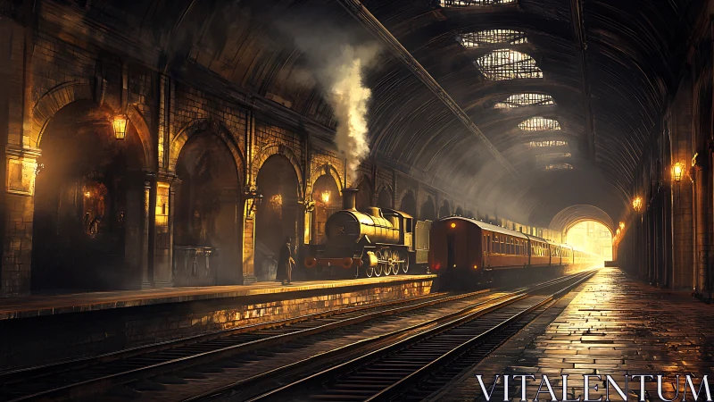 Steam locomotive in golden-lit Victorian terminus hall.