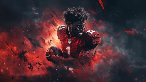 Football player in red uniform runs with ball through smoke