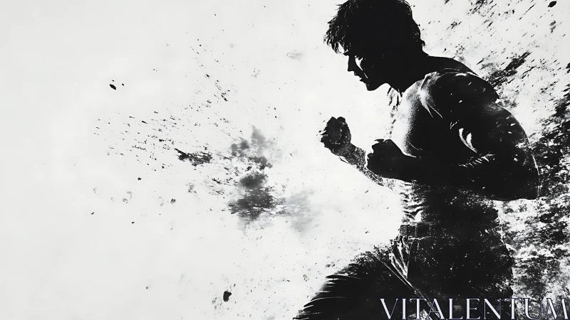 Silhouette runner dissolving into dynamic ink splatter.