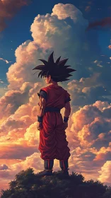 Skyward warrior pausing beneath thunder-soft cotton clouds.