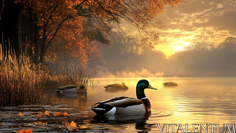 Mallard ducks float on a misty autumn lake at sunrise