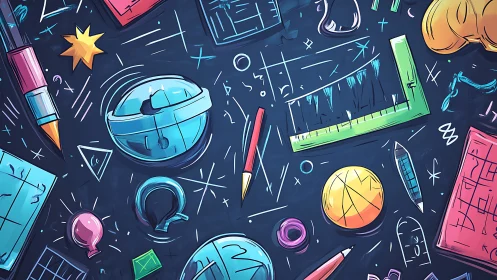 Colorful educational tools and geometric sketches on navy backdrop.
