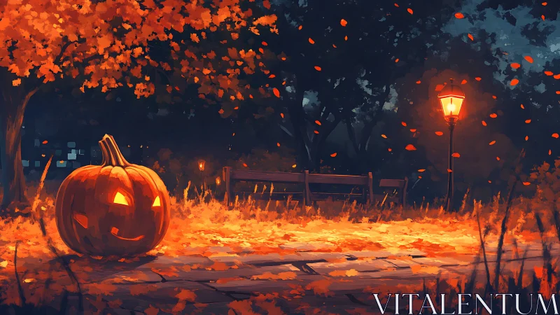 Jack o’lantern under streetlamp in quiet autumn park scene.