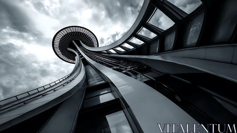 Futuristic tower curves slice stormy monochrome sky. Period.
