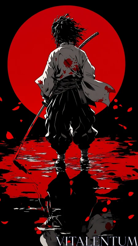 Lone samurai stands before red sun with bloodied katana.