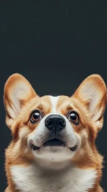 Expressive corgi portrait under moody studio lighting.
