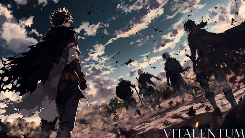 Cloaked warriors advance across windy battlefield at dusk