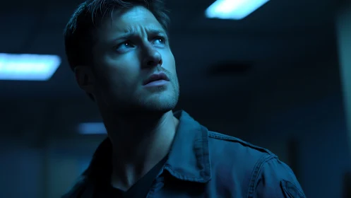 Man in blue light looks up with tense, alert expression.