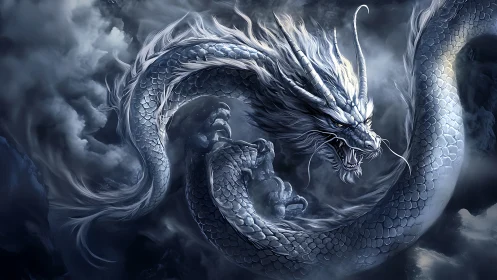 Stormlit sky serpent glides in a swirl of silver scales