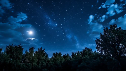 Photorealistic nocturnal sky over forest canopy, wide composition.