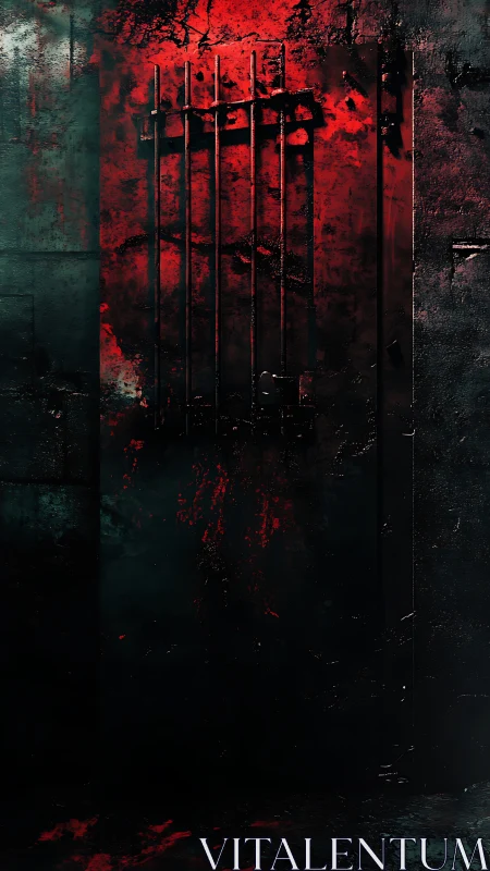 Bloodlit iron gate in a shadow-drenched industrial wall.