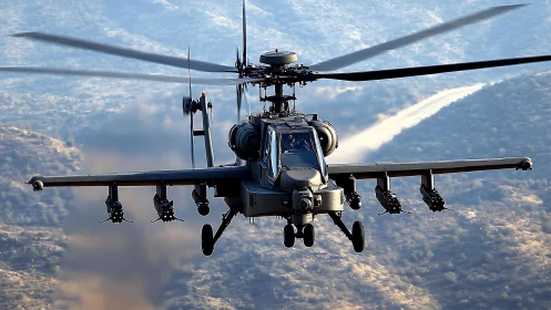 Attack helicopter captured front-on over mountainous terrain