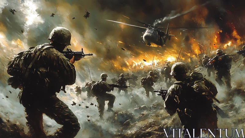 Soldiers advance under helicopter support in burning battlefield