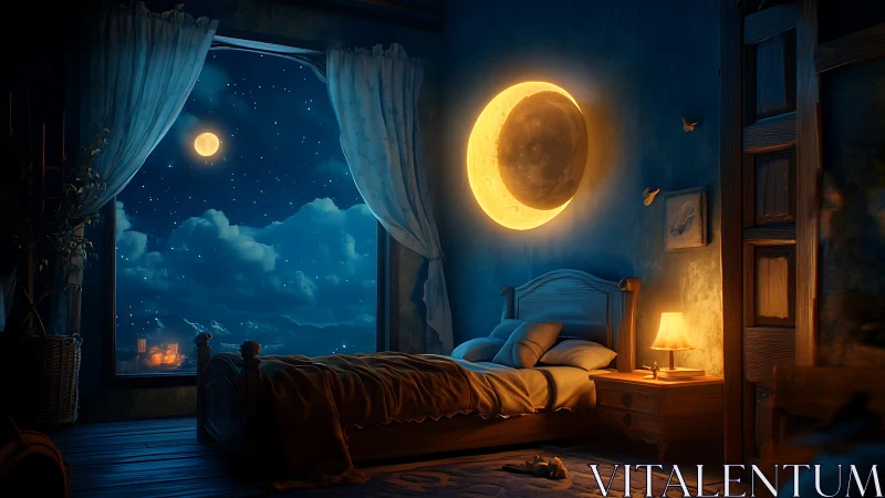 Moonlit bedroom where two moons argue over the night shift.