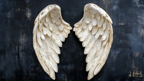 Weathered angel wings poised against midnight brushstrokes.
