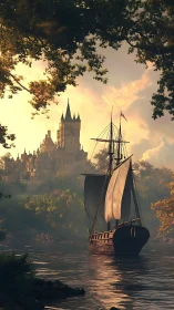 Sailing ship on calm river approaching distant hilltop castle.