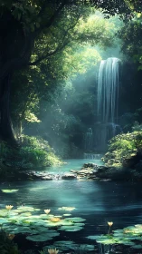 Spectral-lit forest waterfall with reflective lily-covered pool